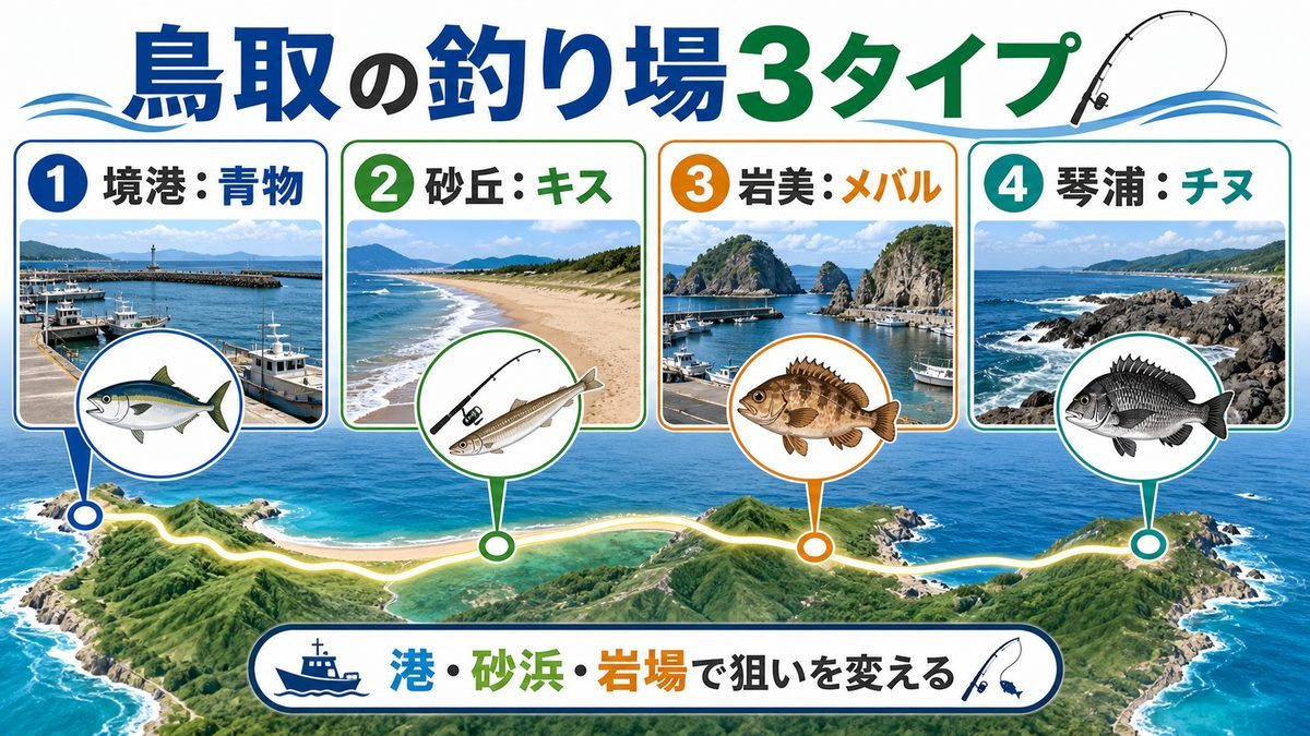 鳥取県の主要釣りスポットの要点をまとめた釣り攻略インフォグラフィック