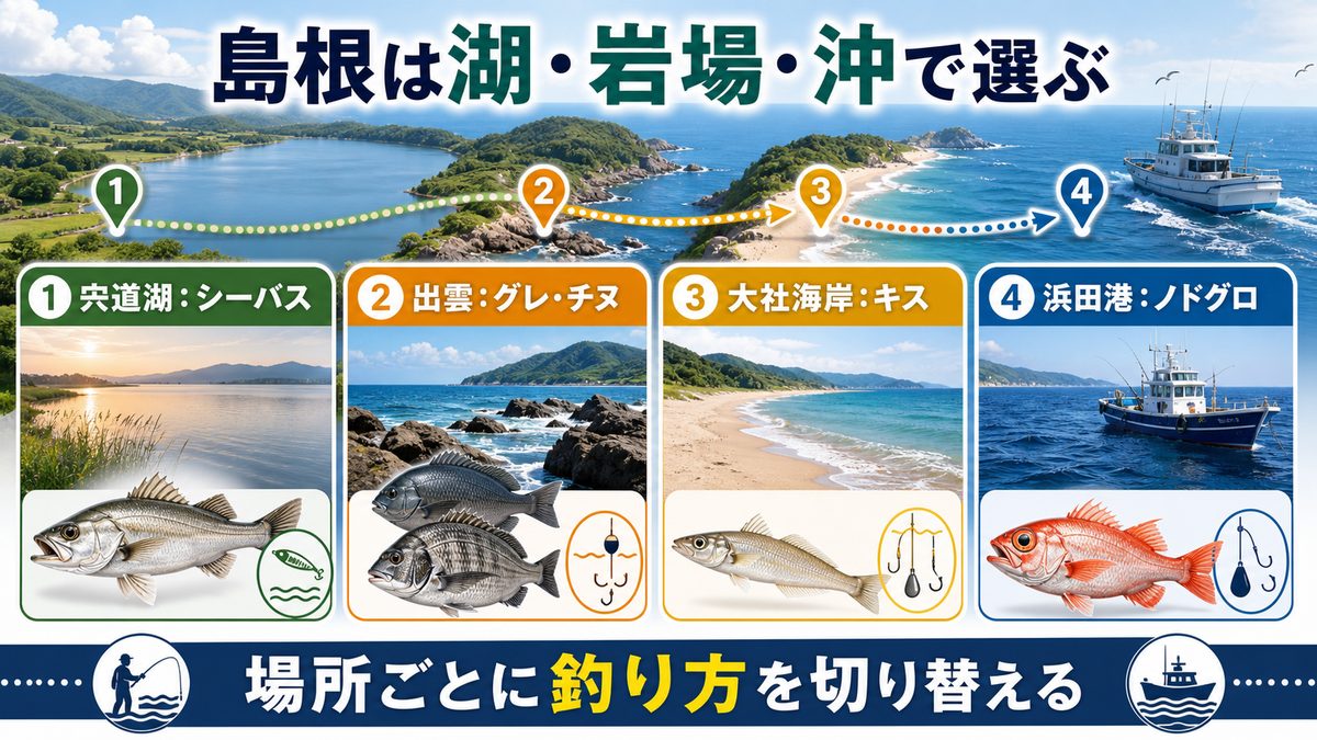 島根県の主要釣りスポットの要点をまとめた釣り攻略インフォグラフィック