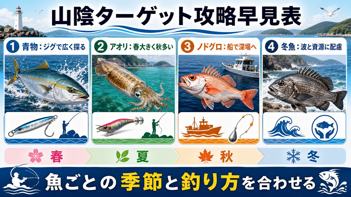 山陰で釣れる主要ターゲット魚の攻略法の要点をまとめた釣り攻略インフォグラフィック