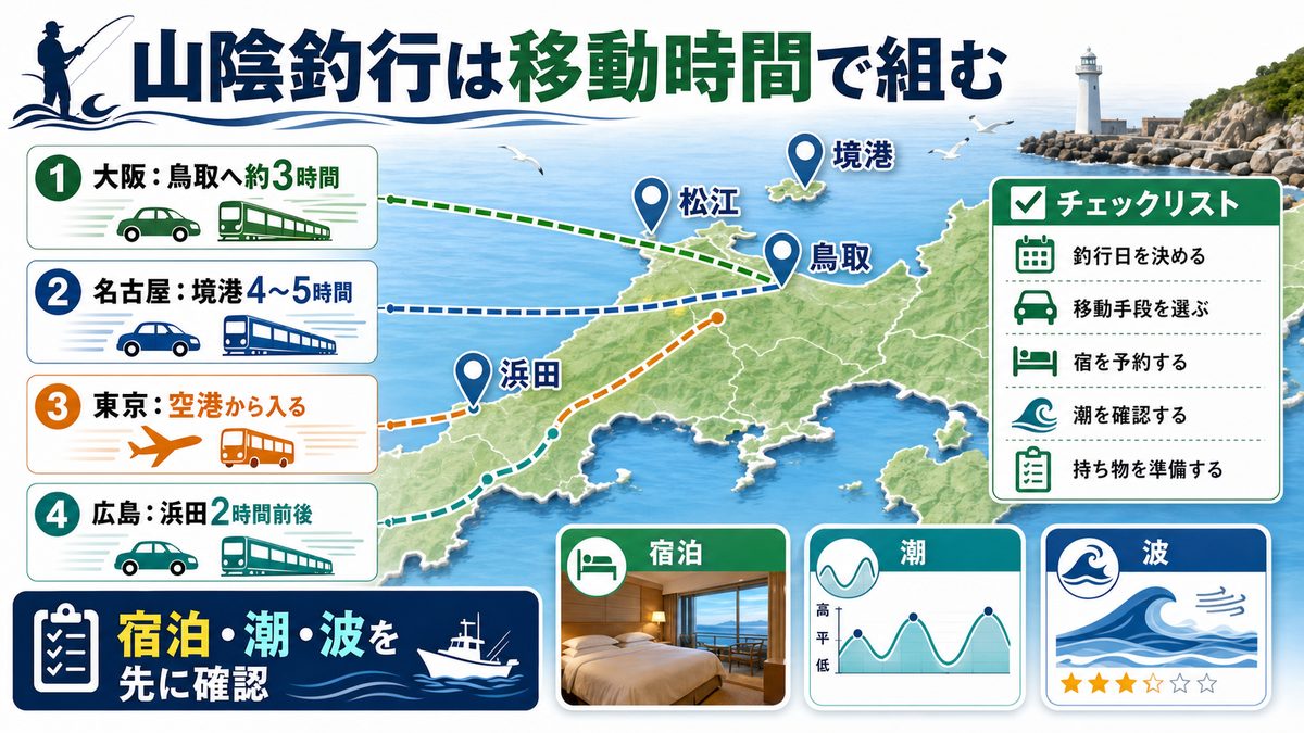 山陰へのアクセスと釣りの計画の要点をまとめた釣り攻略インフォグラフィック