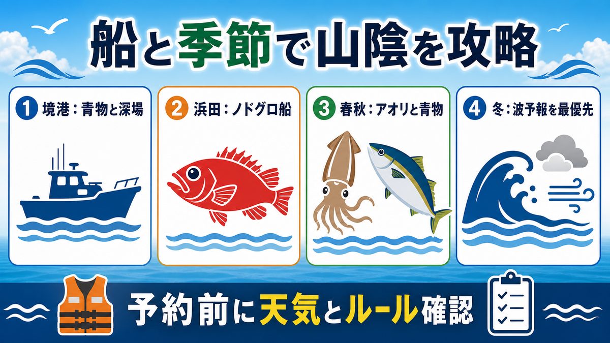 山陰の遊漁船・渡船情報と季節別カレンダーの要点をまとめた釣り攻略インフォグラフィック