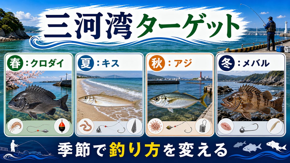 三河湾の代表的な釣りターゲット｜季節別攻略の要点をまとめた釣り攻略インフォグラフィック