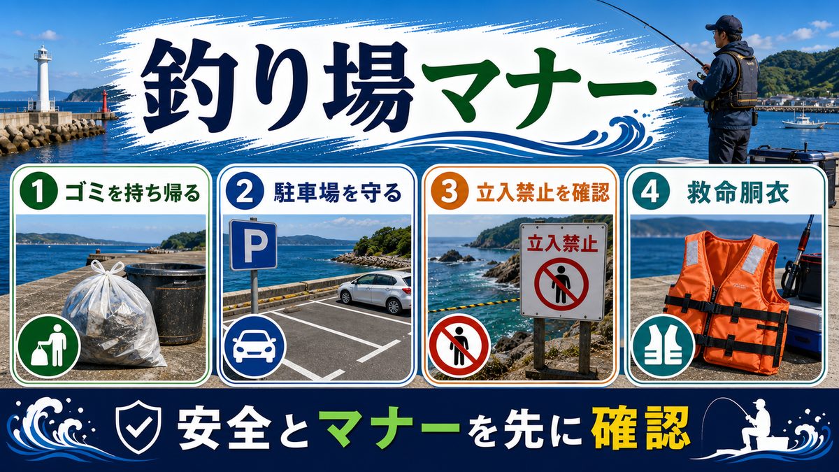 釣り場マナーと安全対策｜知多半島で気持ちよく釣るためにの要点をまとめた釣り攻略インフォグラフィック