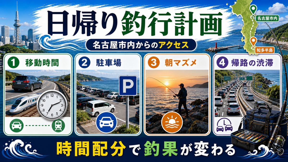 名古屋市内からのアクセス｜日帰り釣行計画の要点をまとめた釣り攻略インフォグラフィック