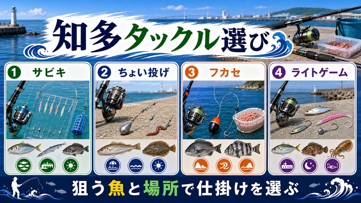知多半島釣行に最適なタックルと仕掛け選びの要点をまとめた釣り攻略インフォグラフィック