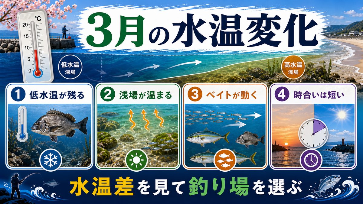 3月の海の水温変化と魚の動きの関係の要点をまとめた釣り攻略インフォグラフィック