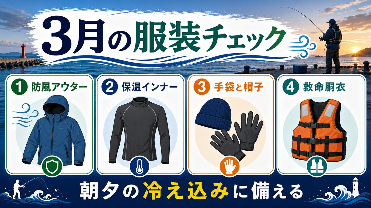 春釣りの服装・防寒対策|まだ寒い3月の準備の要点をまとめた釣り攻略インフォグラフィック