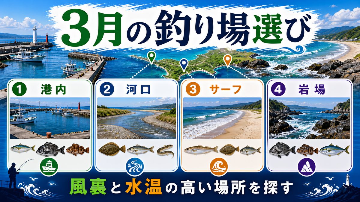 3月の釣りにおすすめのエリアと釣りポイントの要点をまとめた釣り攻略インフォグラフィック