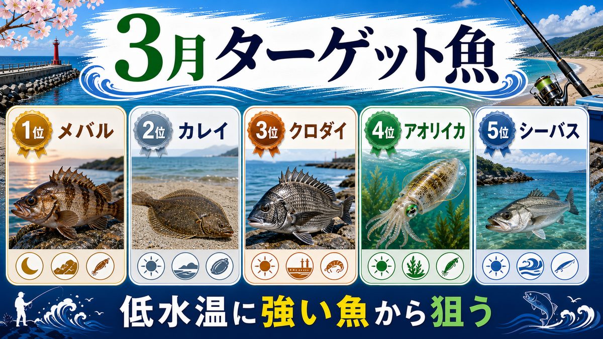 3月の狙い目ターゲット魚種ランキングの要点をまとめた釣り攻略インフォグラフィック