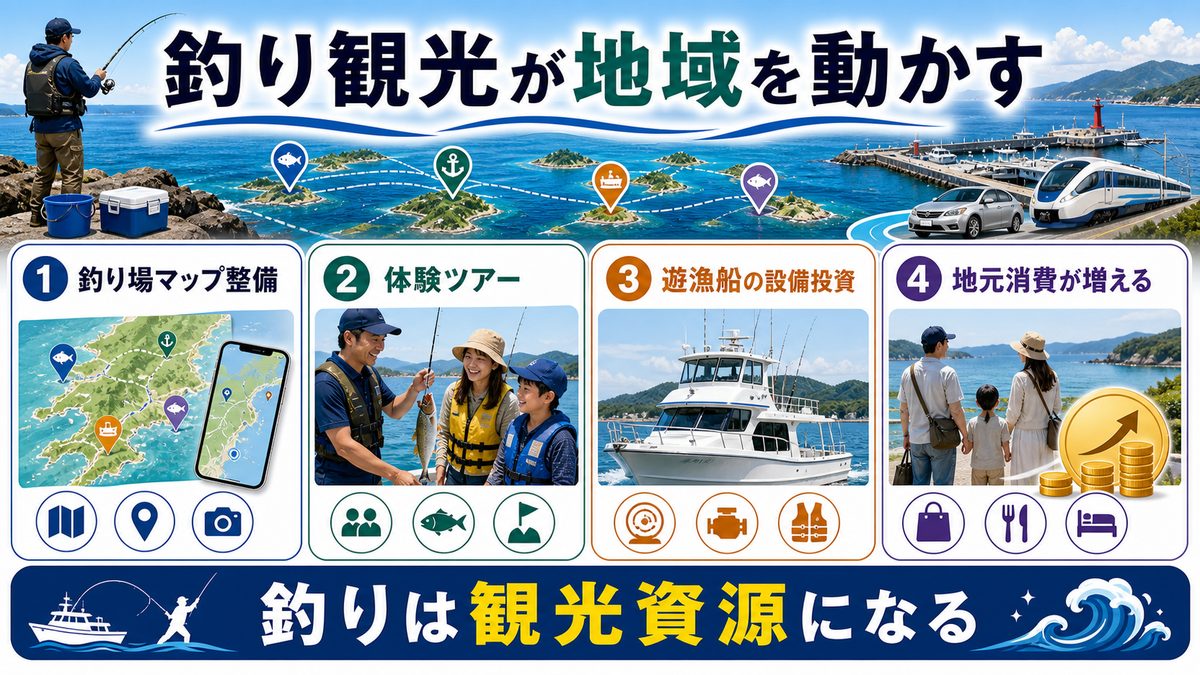 地方創生と釣り観光の連携の要点をまとめた釣り攻略インフォグラフィック