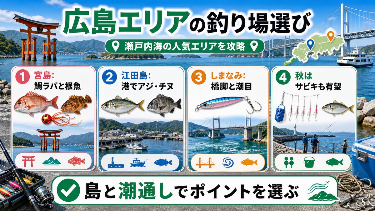 広島エリアの釣りスポット——宮島・江田島・しまなみ海道の要点をまとめた釣り攻略インフォグラフィック