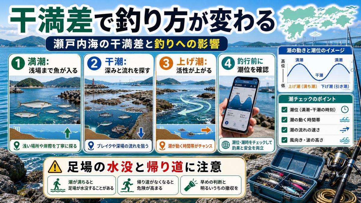 瀬戸内海の干満差と釣りへの影響の要点をまとめた釣り攻略インフォグラフィック
