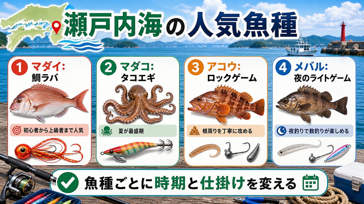 瀬戸内海の特産釣り魚とその特性の要点をまとめた釣り攻略インフォグラフィック
