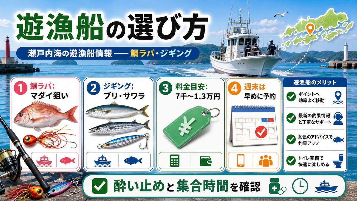 瀬戸内海の遊漁船情報——鯛ラバ・ジギングの要点をまとめた釣り攻略インフォグラフィック