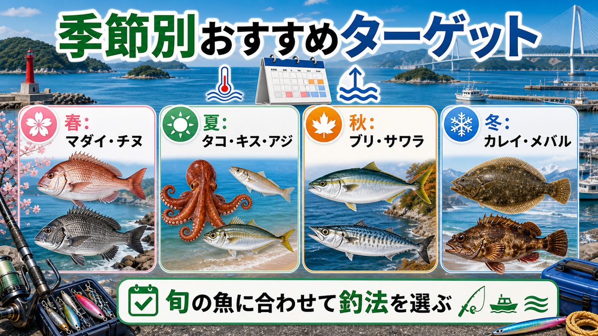 季節別おすすめターゲットの要点をまとめた釣り攻略インフォグラフィック