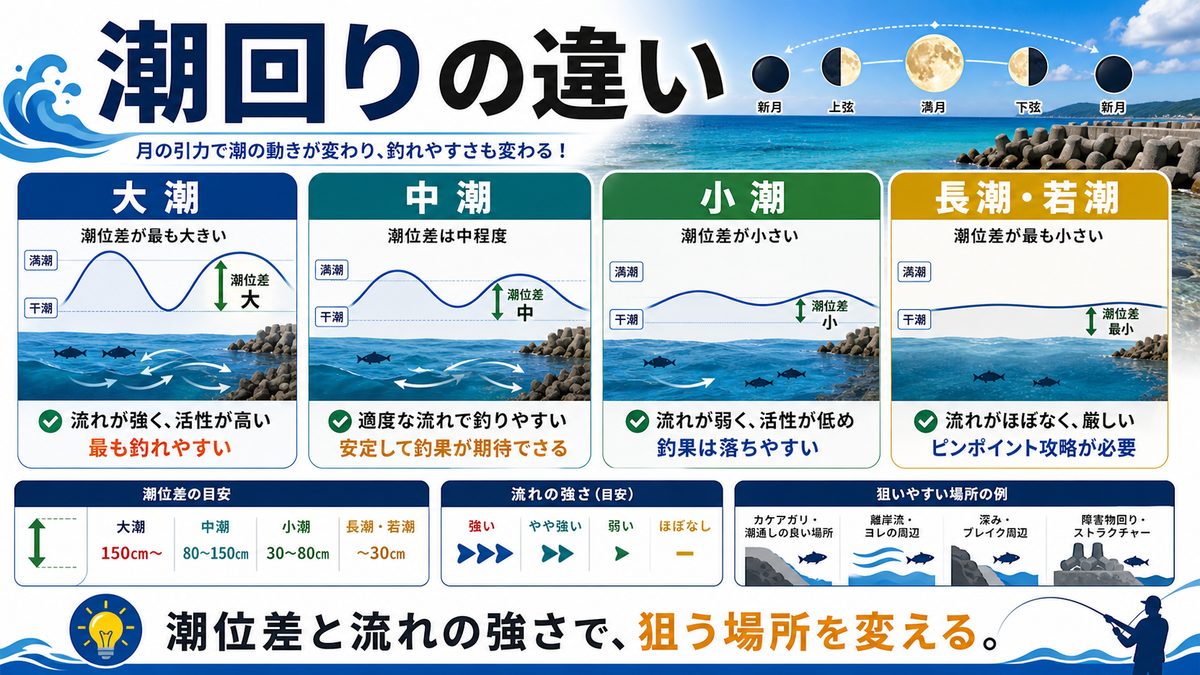 大潮・中潮・小潮・長潮・若潮の違いと釣れやすさの要点をまとめた釣り攻略インフォグラフィック