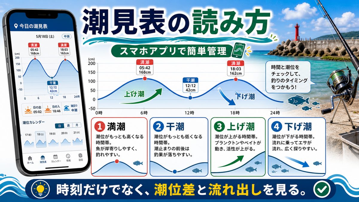 潮見表(タイドグラフ)の読み方|スマホアプリで簡単管理の要点をまとめた釣り攻略インフォグラフィック