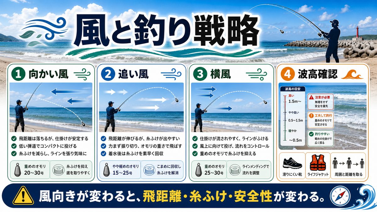 風の影響と釣り戦略|向かい風・追い風・横風の正しい対処法の要点をまとめた釣り攻略インフォグラフィック