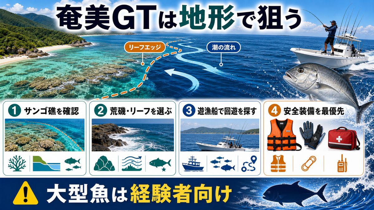 GTフィッシング(ロウニンアジ)の聖地・奄美大島の要点をまとめた釣り攻略インフォグラフィック