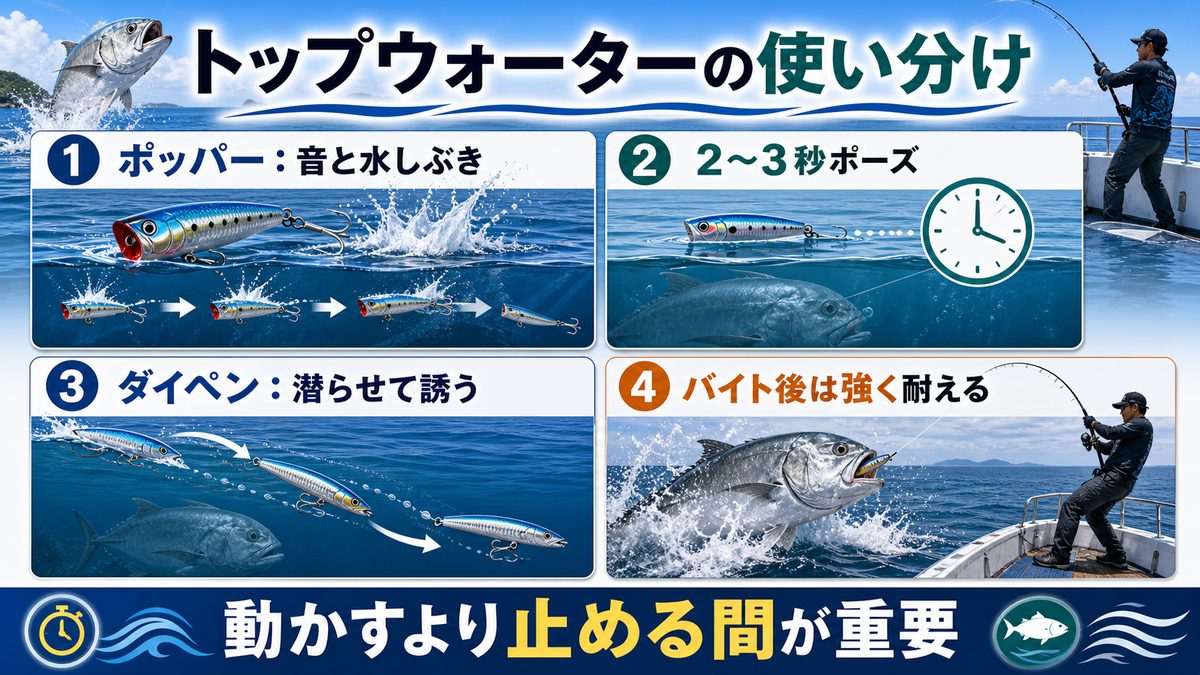 ポッパー・ダイビングペンシルの使い方の要点をまとめた釣り攻略インフォグラフィック
