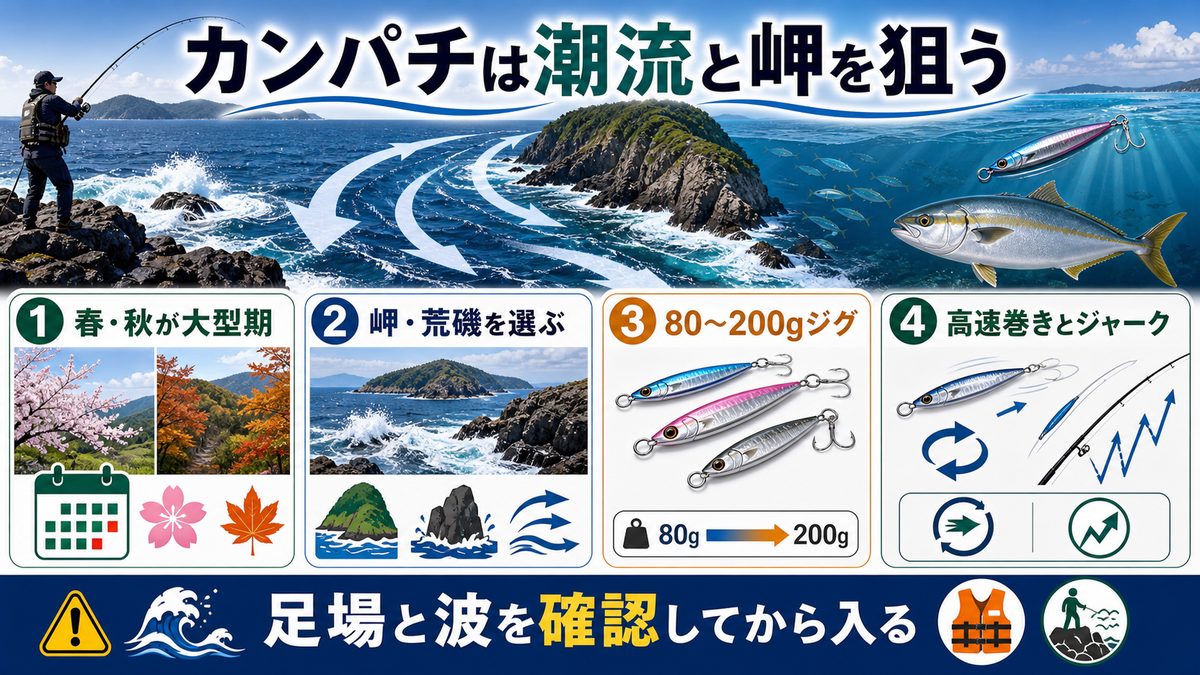 カンパチ(大型)のショアジギング攻略の要点をまとめた釣り攻略インフォグラフィック