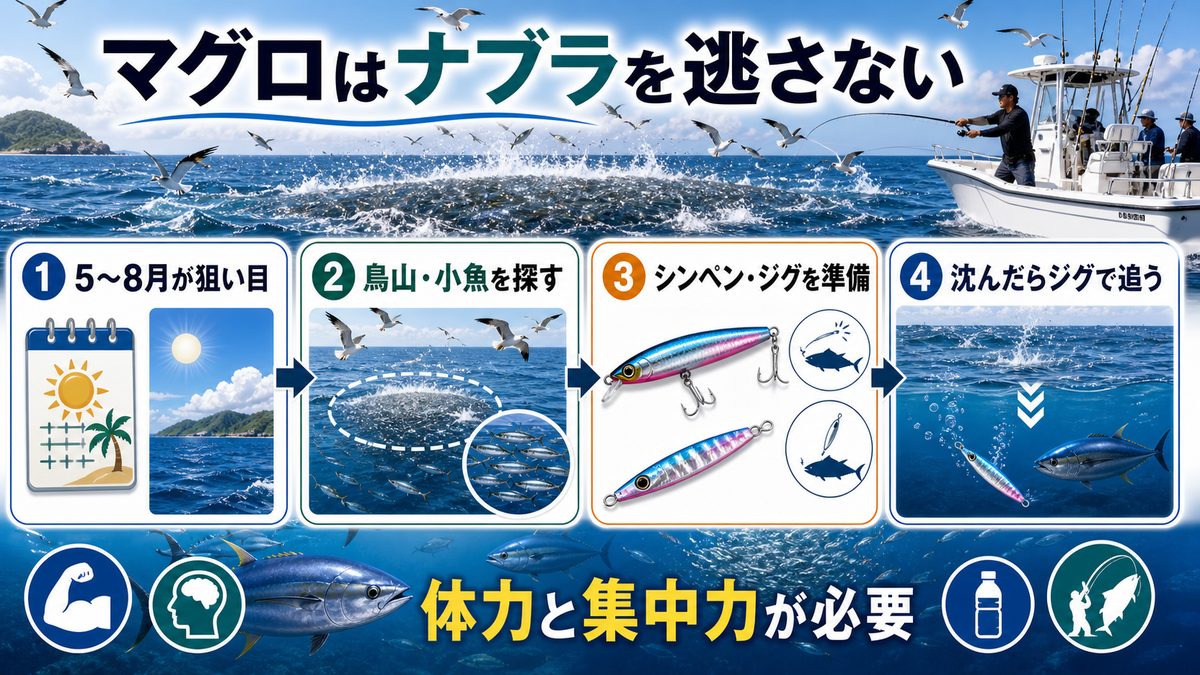 マグロ(ヨコワ・キメジ)のルアー釣りの要点をまとめた釣り攻略インフォグラフィック