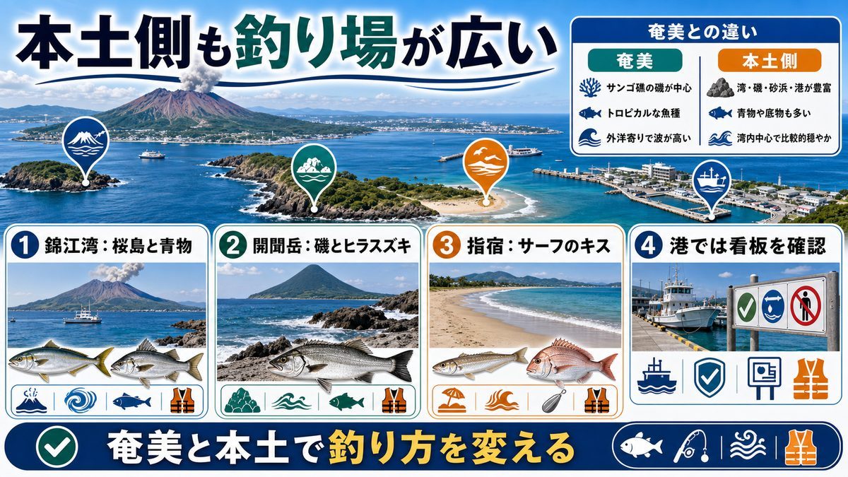 鹿児島本土側の釣りスポットの要点をまとめた釣り攻略インフォグラフィック
