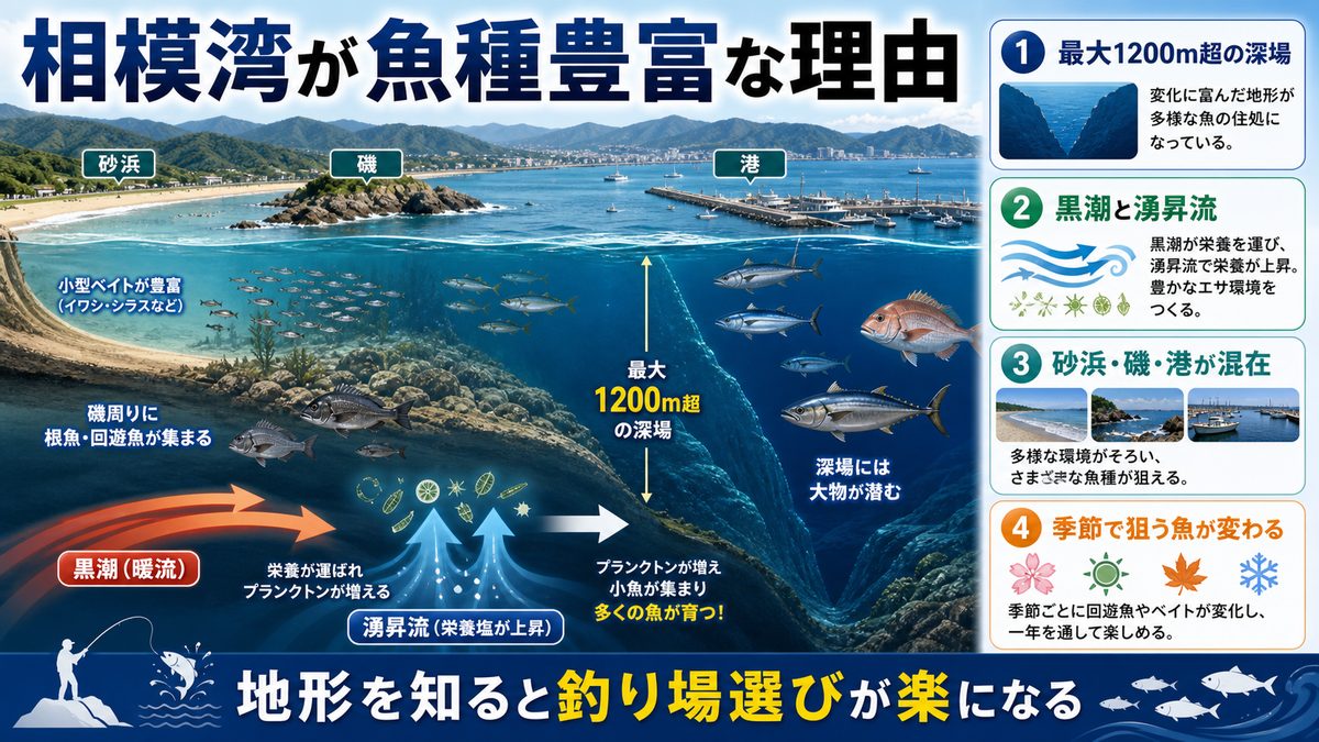 相模湾の基本情報と海洋環境の要点をまとめた釣り攻略インフォグラフィック