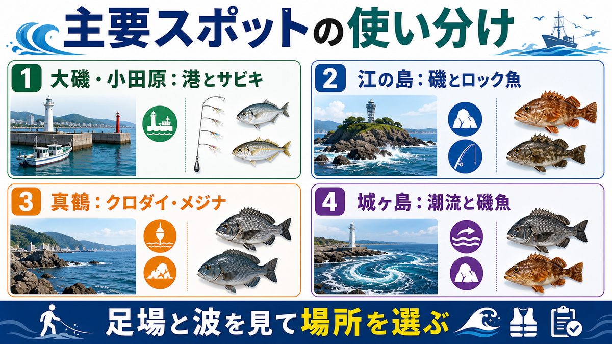 主要釣りスポット完全ガイドの要点をまとめた釣り攻略インフォグラフィック