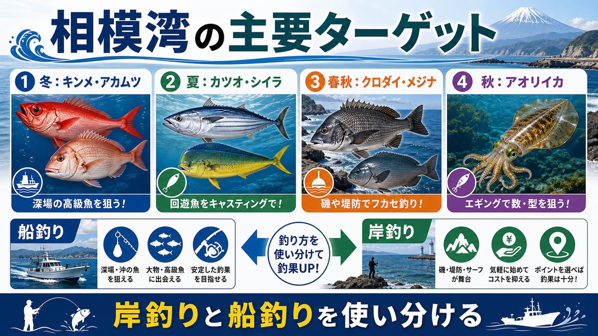 相模湾で狙える主要魚種と攻略法の要点をまとめた釣り攻略インフォグラフィック