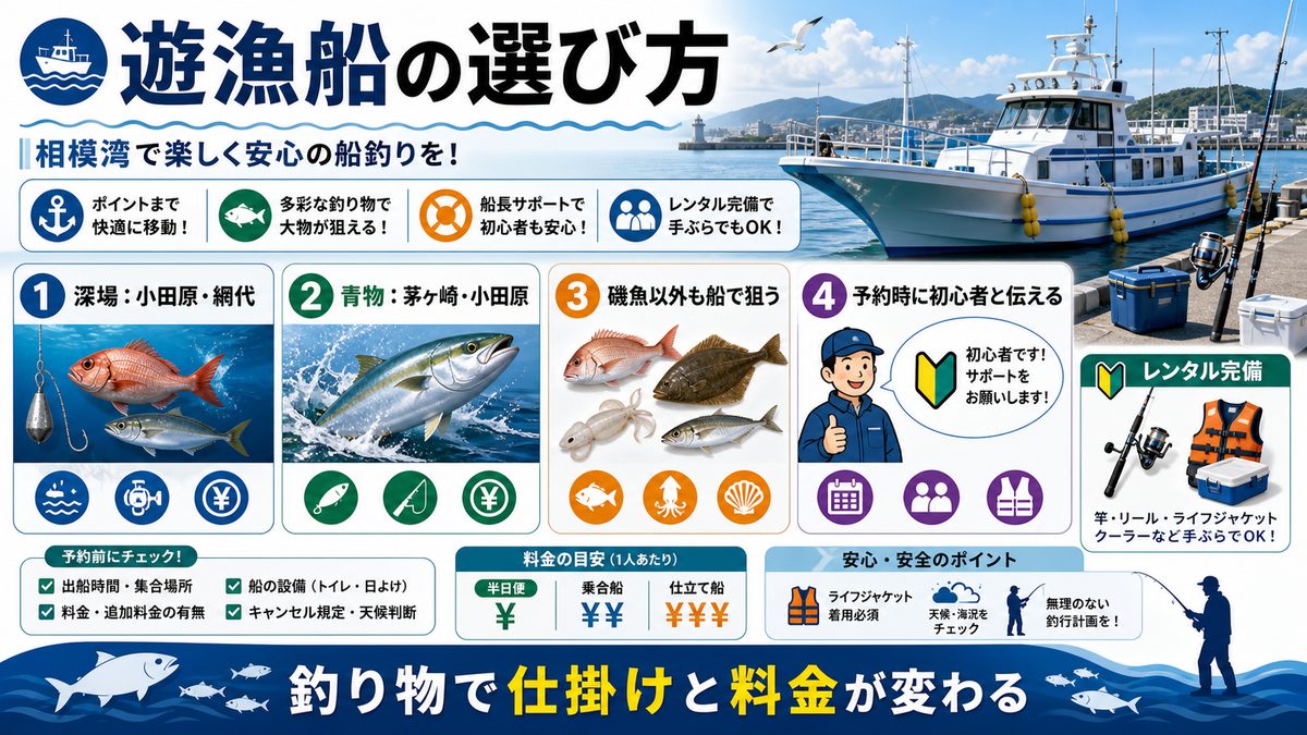 相模湾の遊漁船情報の要点をまとめた釣り攻略インフォグラフィック