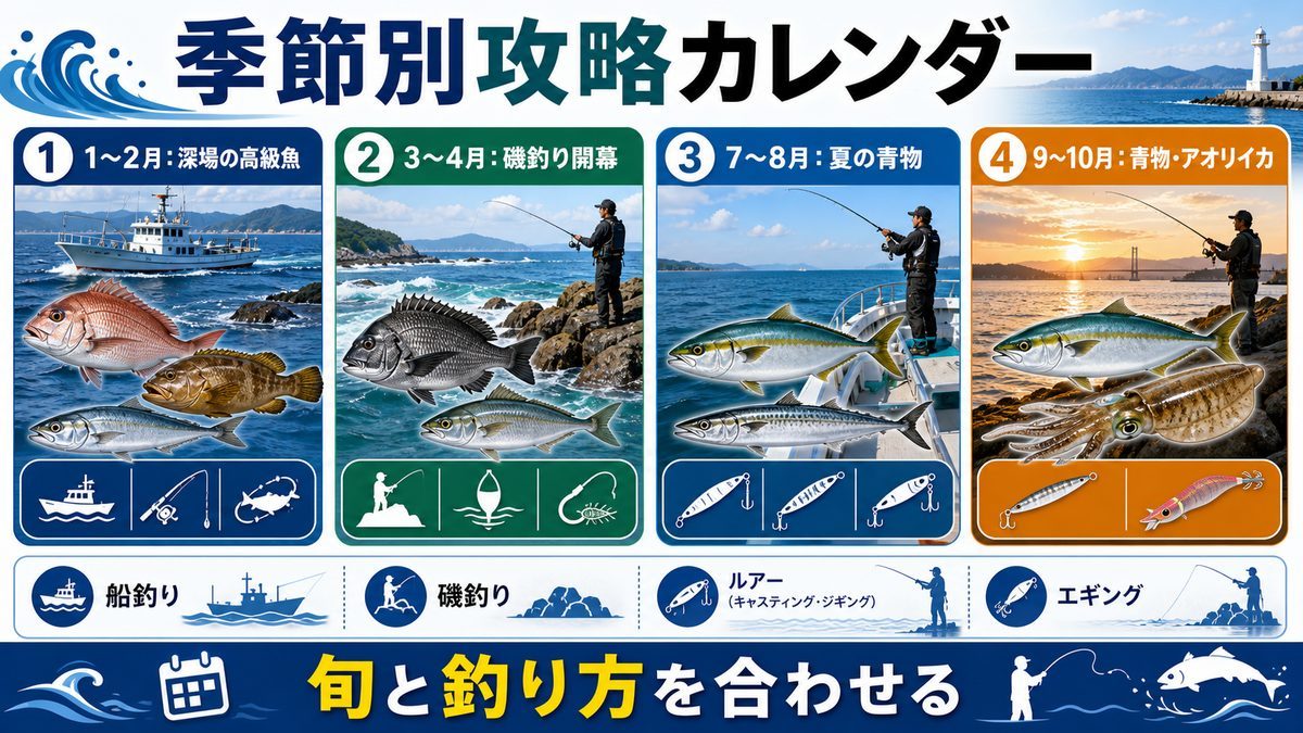 季節別・釣り方別攻略カレンダーの要点をまとめた釣り攻略インフォグラフィック