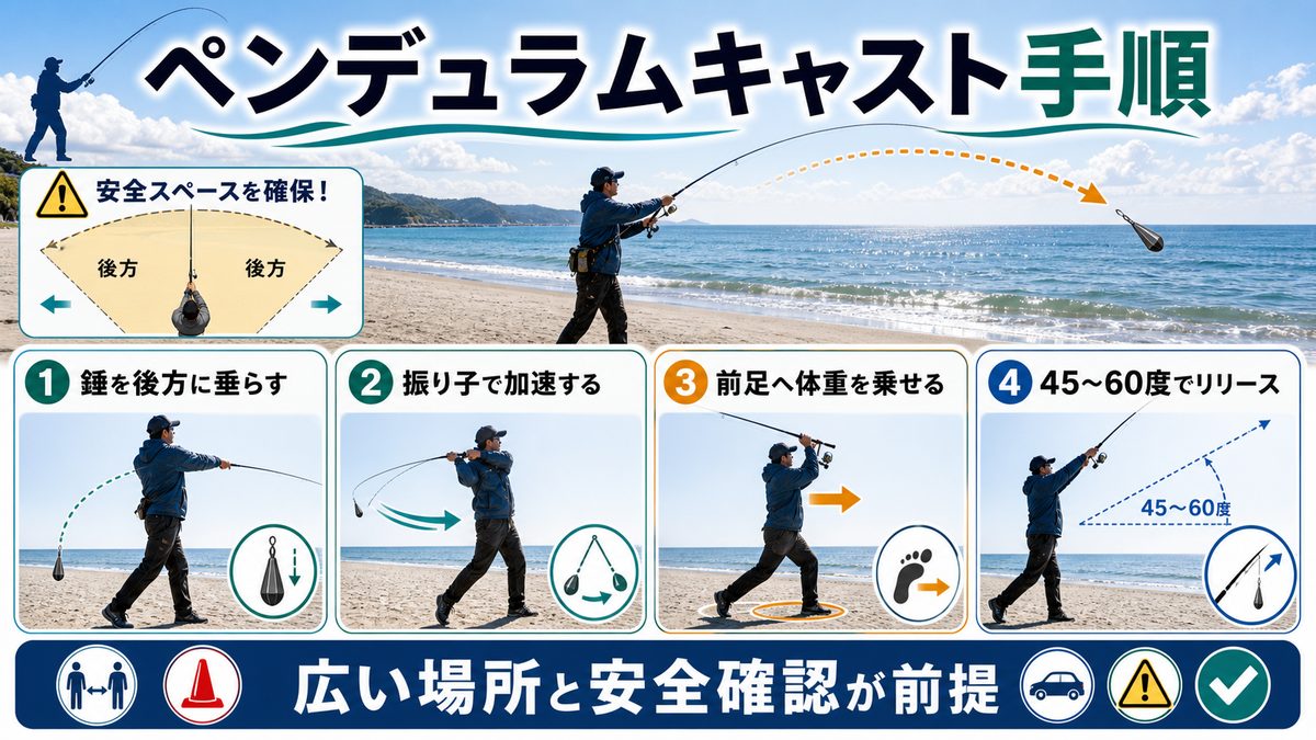 ペンデュラムキャスト：投げ釣りの基本投法を完全解説の要点をまとめた釣り攻略インフォグラフィック