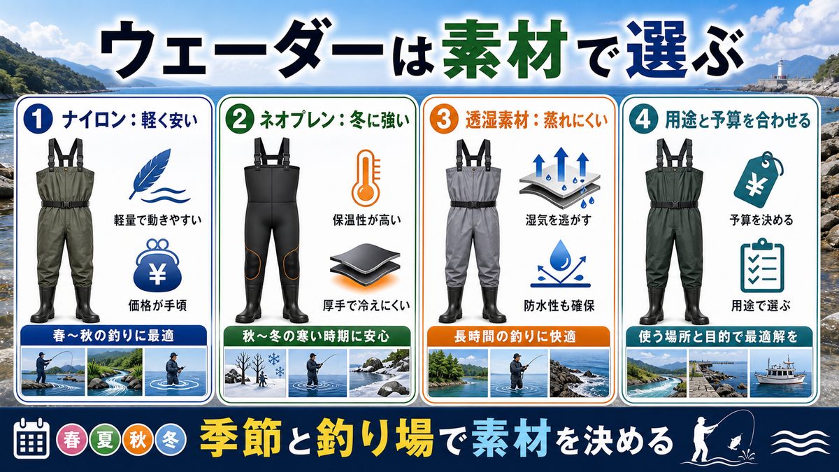 釣り用ウェーダーの種類と素材を徹底比較の要点をまとめた釣り攻略インフォグラフィック