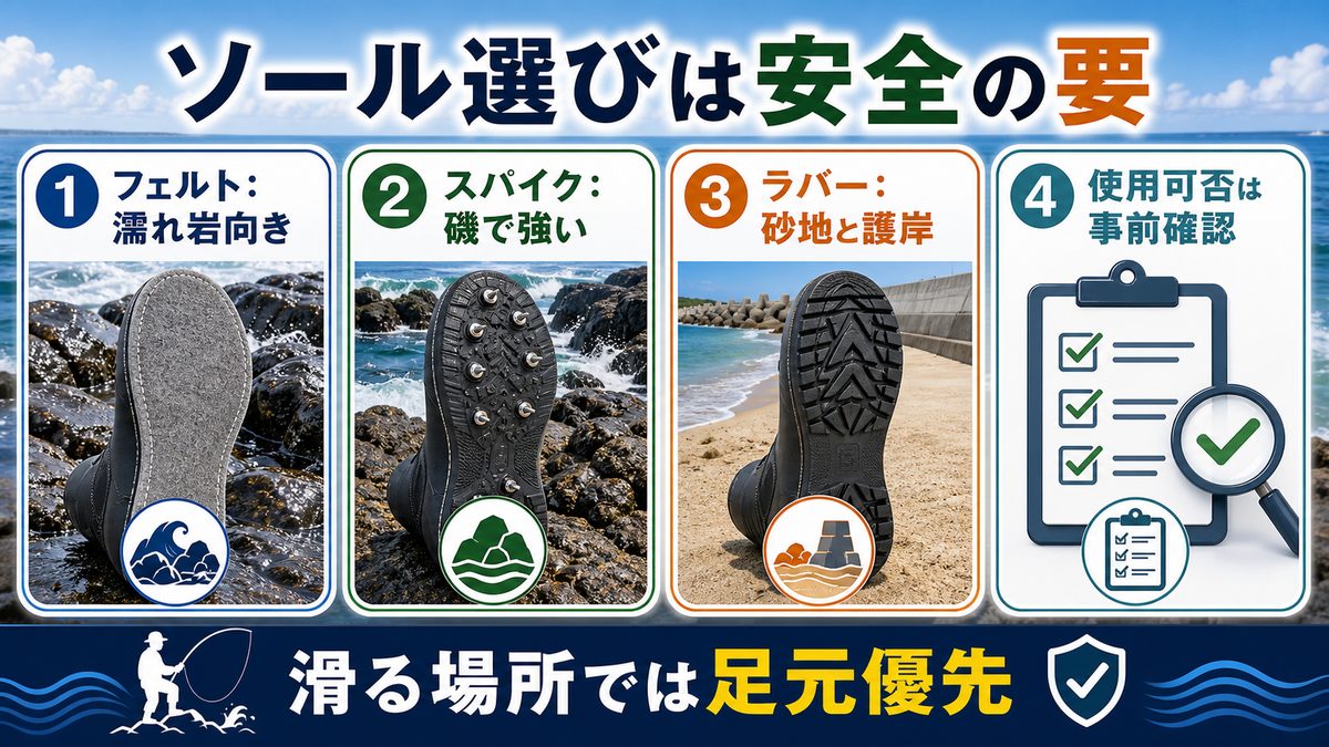 ウェーダーのブーツ選びと滑り止めの重要性の要点をまとめた釣り攻略インフォグラフィック