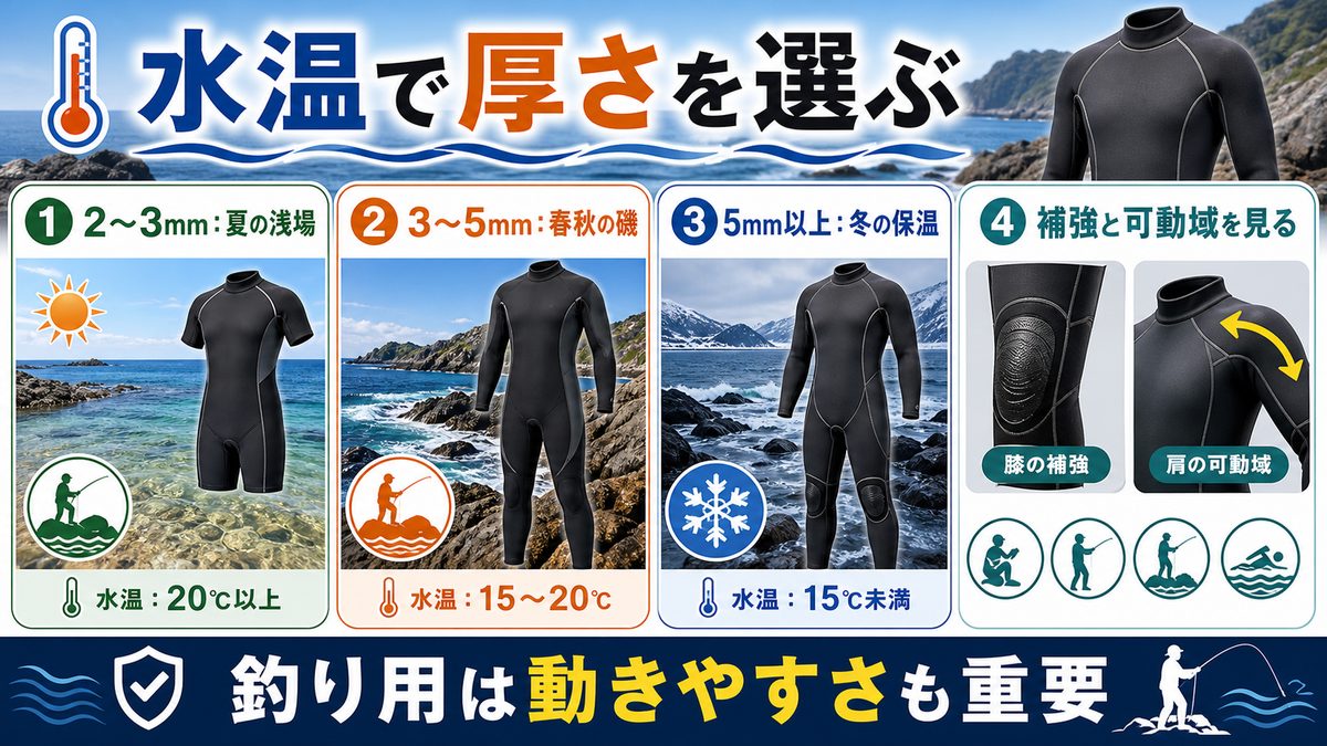 釣り用ウェットスーツの選び方の要点をまとめた釣り攻略インフォグラフィック