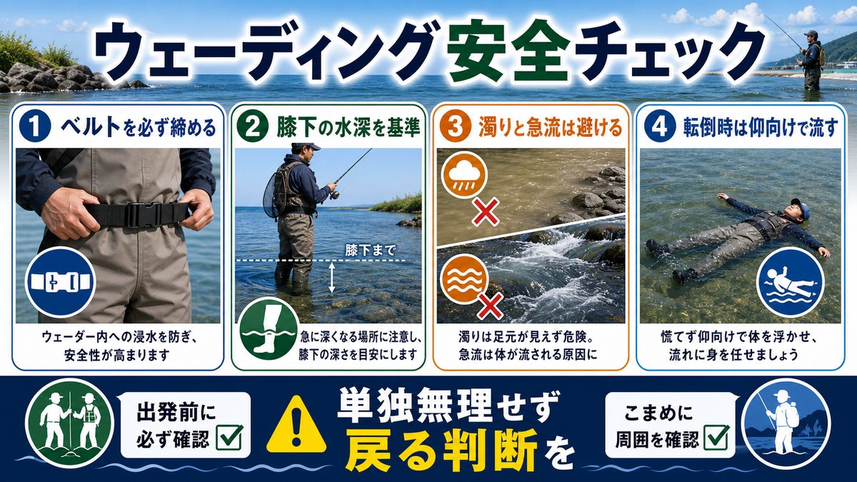 ウェーダーの安全な使い方と注意点の要点をまとめた釣り攻略インフォグラフィック
