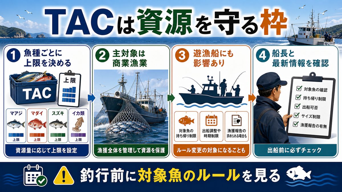 TAC制度の拡大と釣り人への影響の要点をまとめた釣り攻略インフォグラフィック