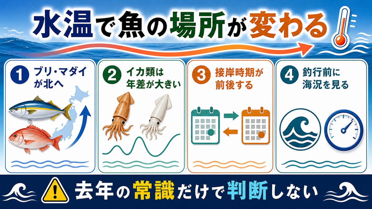 温暖化と魚類分布の変化:釣りへの影響の要点をまとめた釣り攻略インフォグラフィック