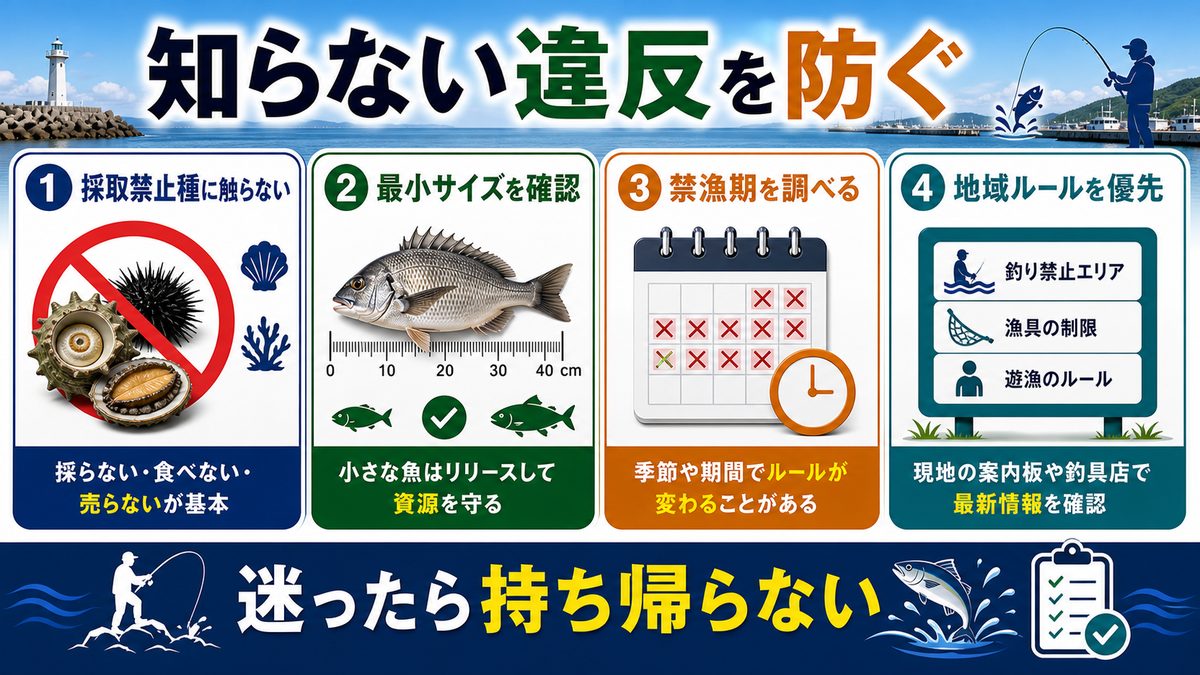密漁取り締まり強化と釣り人が知るべき法律知識の要点をまとめた釣り攻略インフォグラフィック
