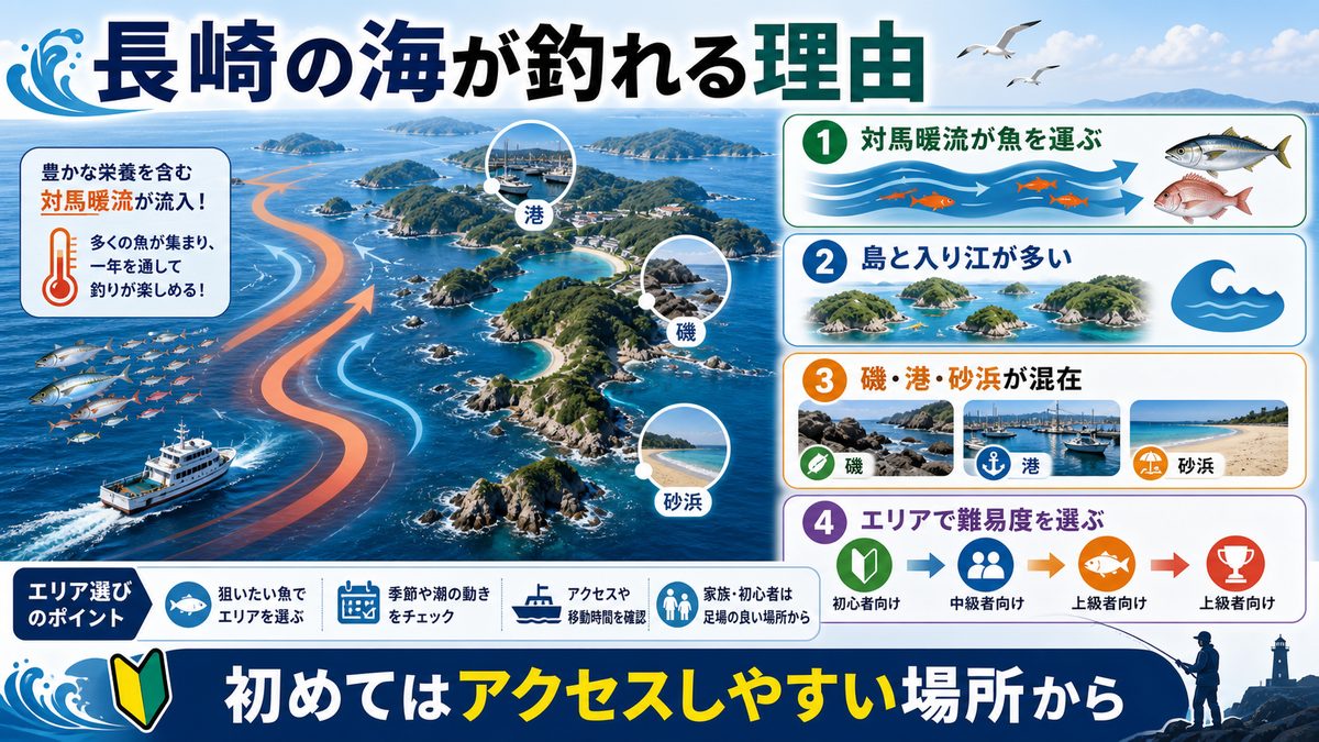 長崎県の釣り場基本情報の要点をまとめた釣り攻略インフォグラフィック