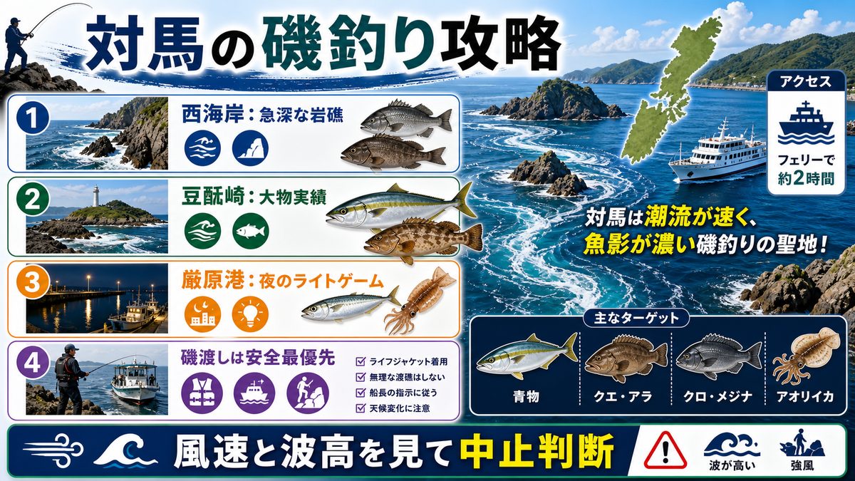 対馬の釣り｜日本最強の磯釣りフィールドの要点をまとめた釣り攻略インフォグラフィック