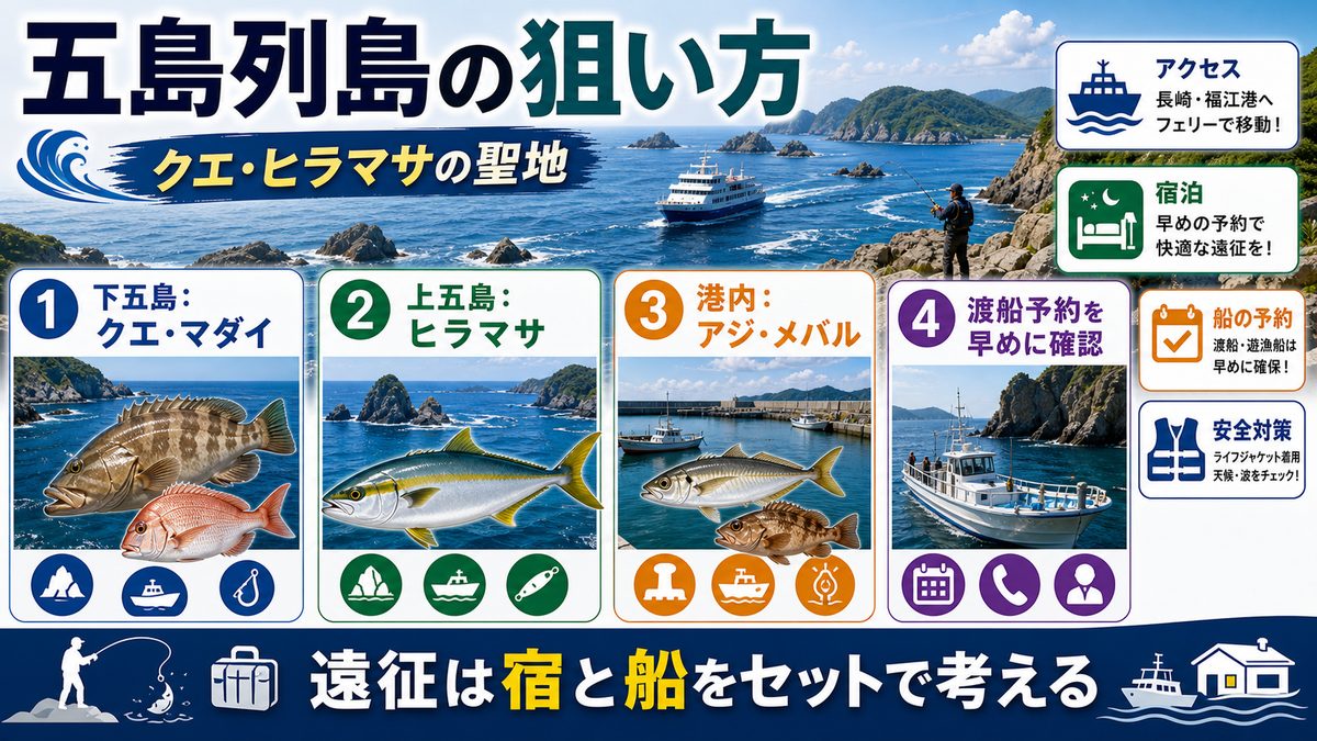 五島列島の釣り｜クエ・ヒラマサの聖地の要点をまとめた釣り攻略インフォグラフィック