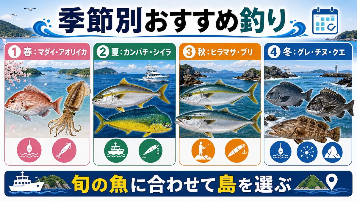 季節別おすすめ釣りプランの要点をまとめた釣り攻略インフォグラフィック