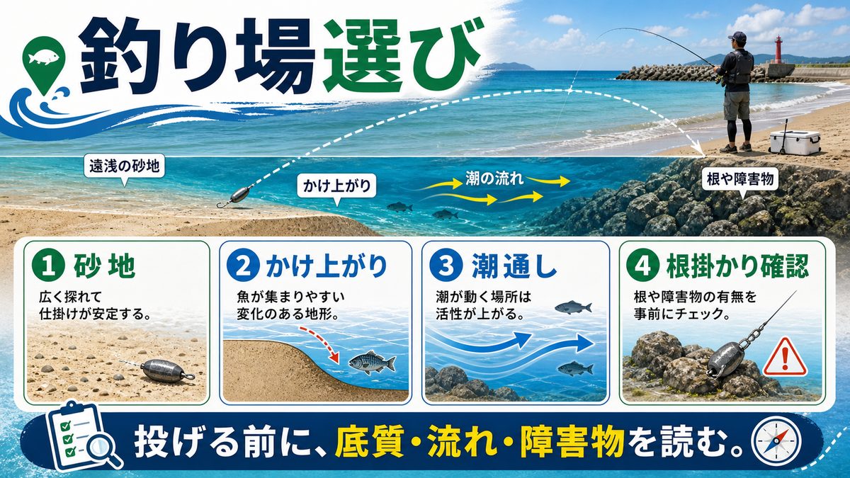 釣り場の選び方とポイント探しの要点をまとめた釣り攻略インフォグラフィック