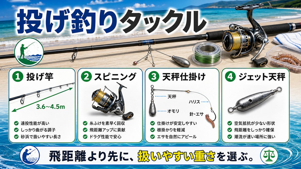 投げ釣りタックル完全ガイドの要点をまとめた釣り攻略インフォグラフィック