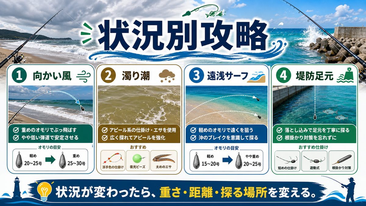 状況別攻略法の要点をまとめた釣り攻略インフォグラフィック