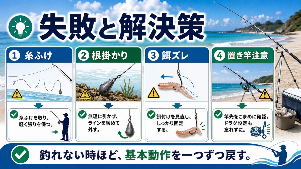 よくある失敗と解決策の要点をまとめた釣り攻略インフォグラフィック