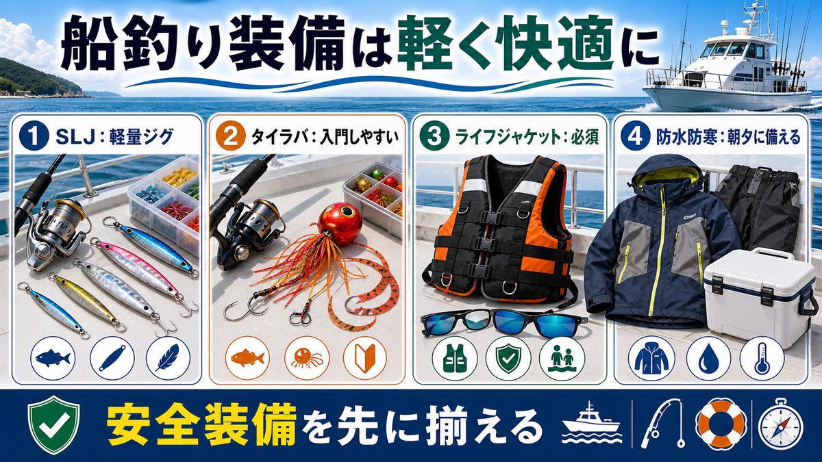 6. 遊漁船利用時のタックル・装備トレンドの要点をまとめた釣り攻略インフォグラフィック