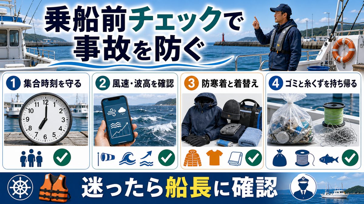 8. 安全情報・乗船時の注意事項の要点をまとめた釣り攻略インフォグラフィック